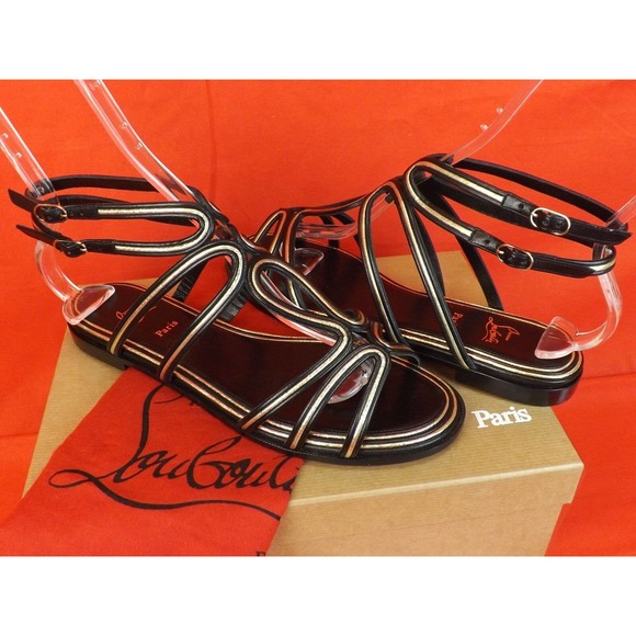 NIB LOUBOUTIN ZENOSANDY BLACK LEATHER CAGED BUCKLES FLATS GLADIATOR SANDALS 38.5 - Picture 7 of 12